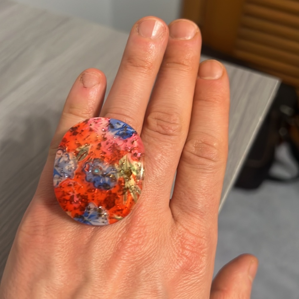 Vintage Plastic Floral Ring, Size 9, Red and Blue with Glitter